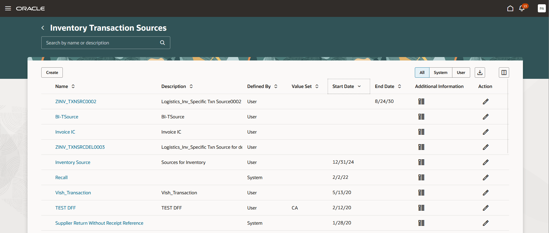 Inventory Transaction Sources Landing Page