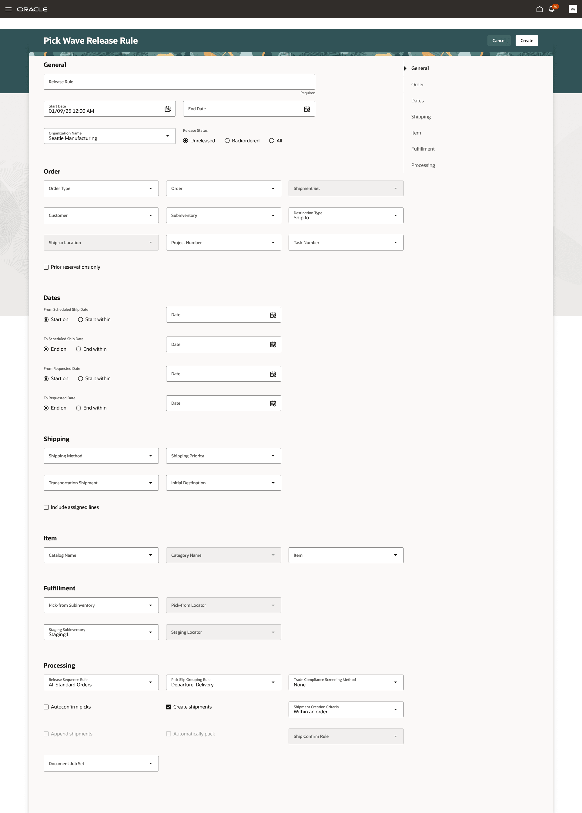 Create Pick Wave Release Rule