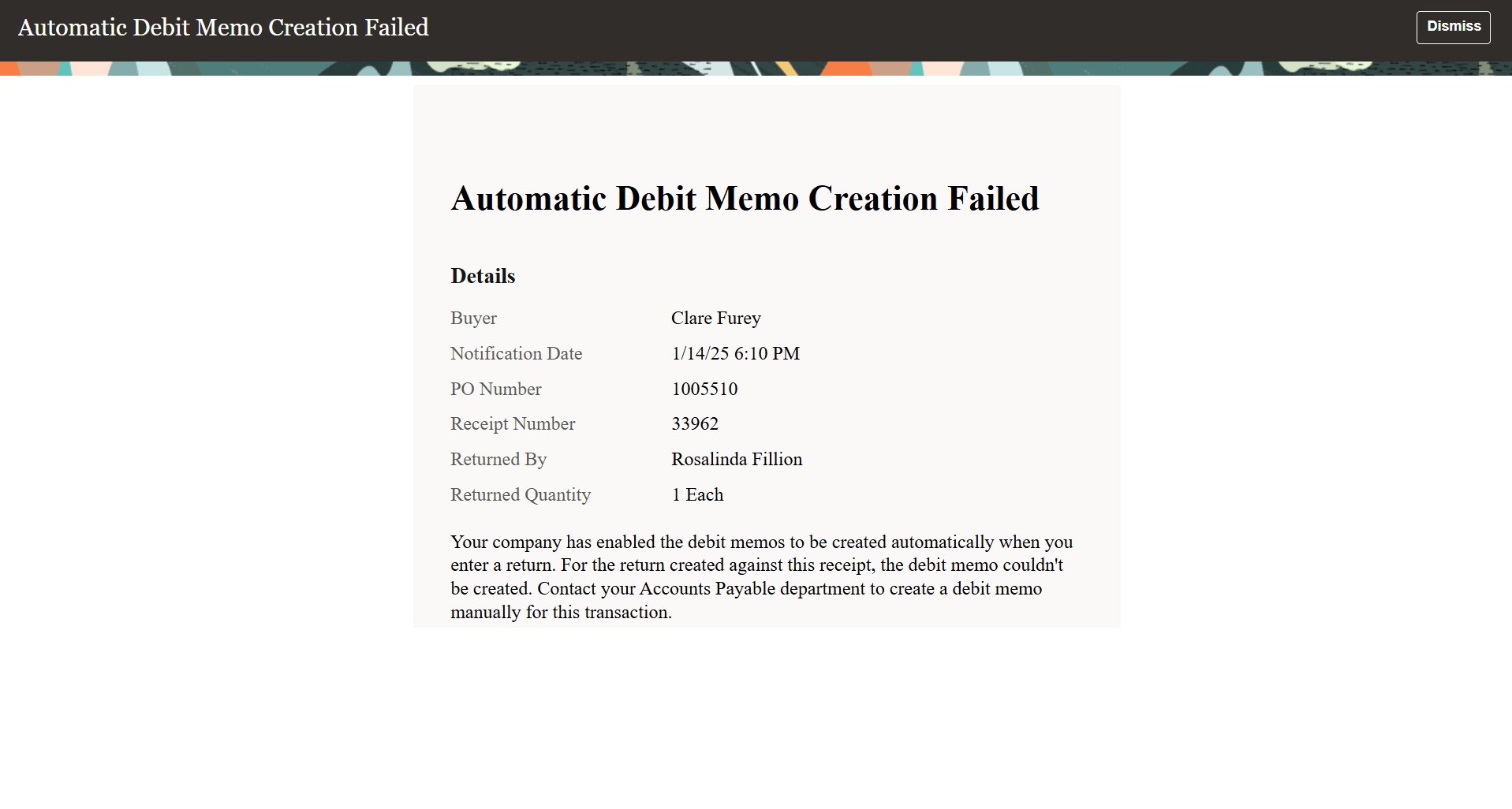 Automatic Debit Memo Failure Notification