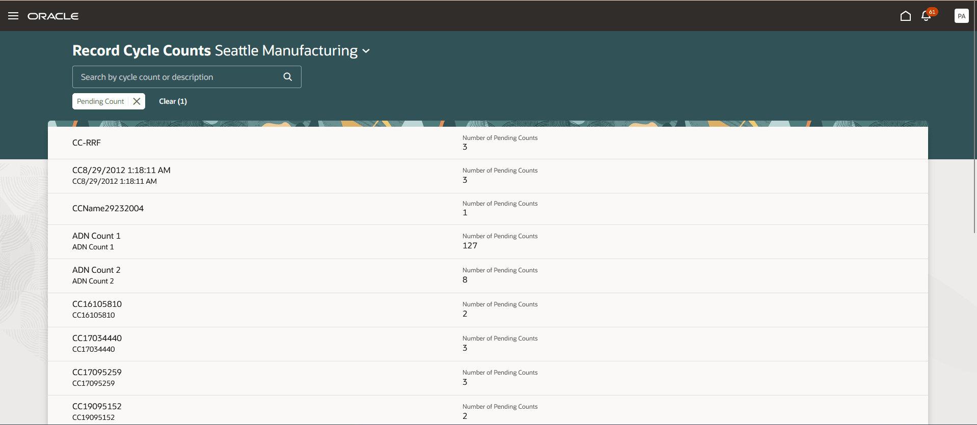 Record Cycle Counts Landing Page