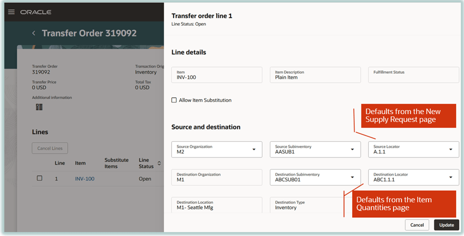Source and destination locators on the Transfer Order page
