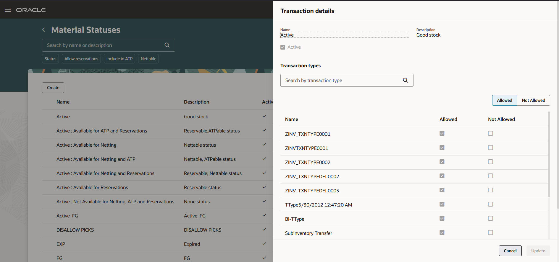 Transaction Details for a Material Status