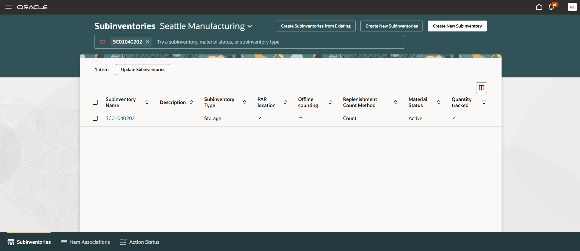 PAR Subinventory Setup