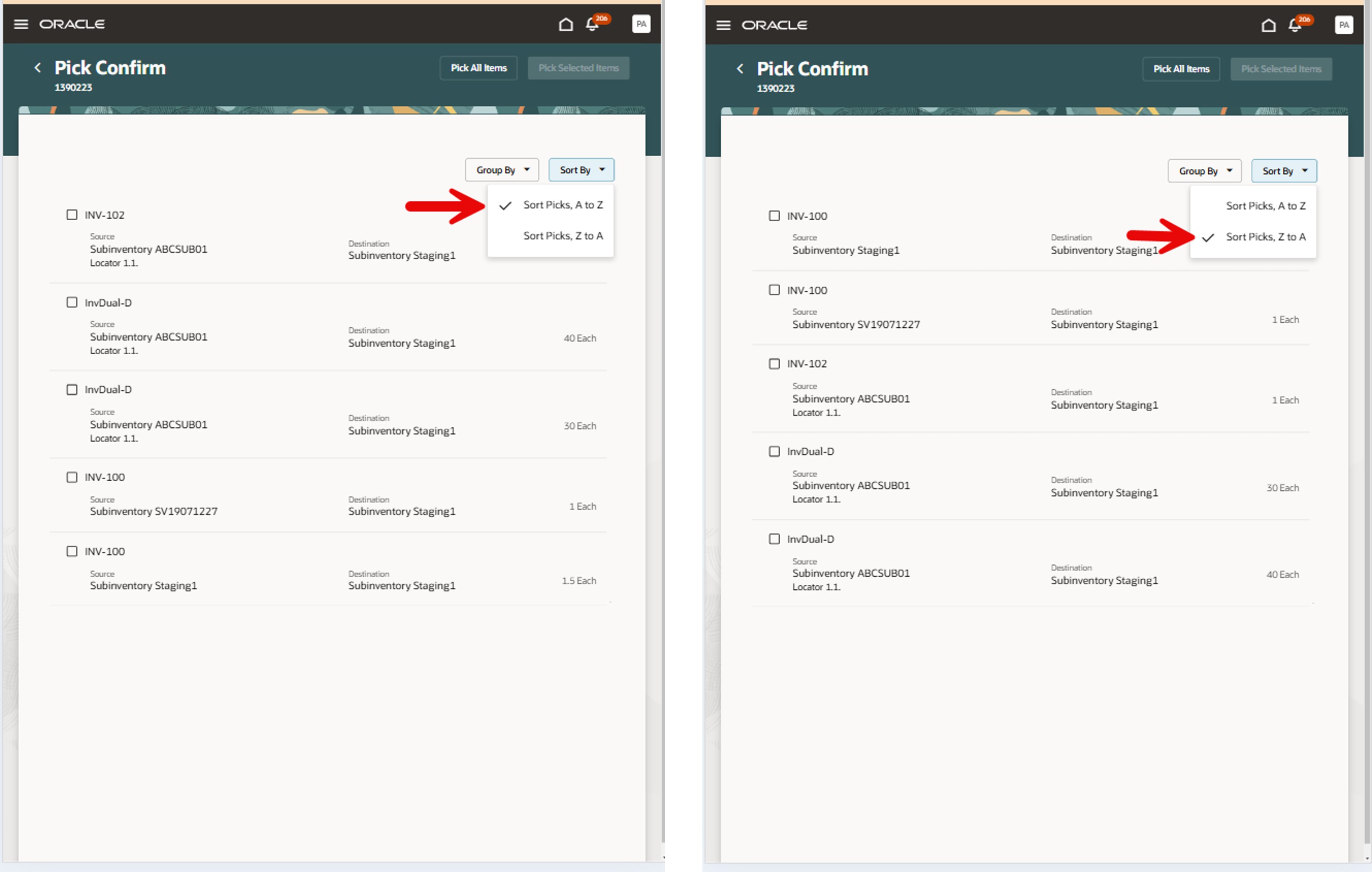 Sorting of Picks by Subinventory and Locator