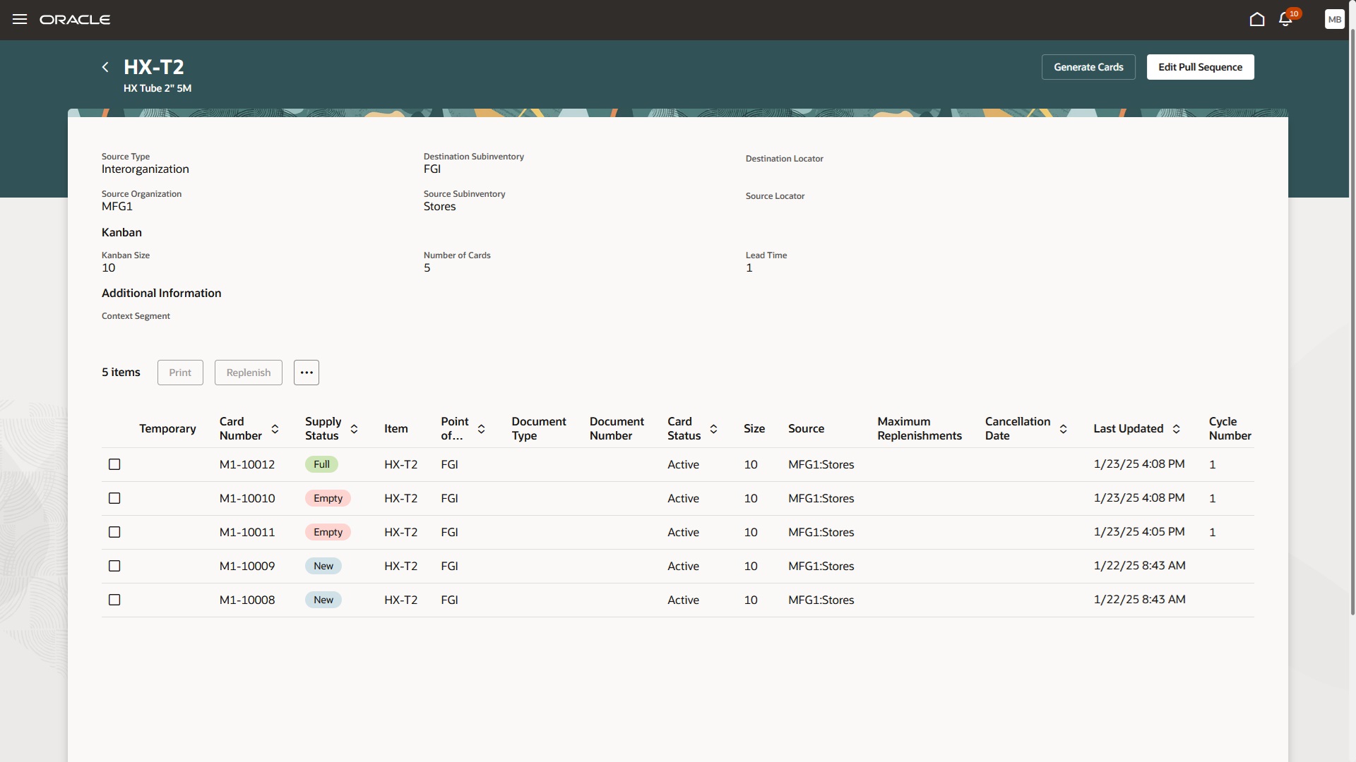 Kanban cards genearted for pull sequence of source type interorganization