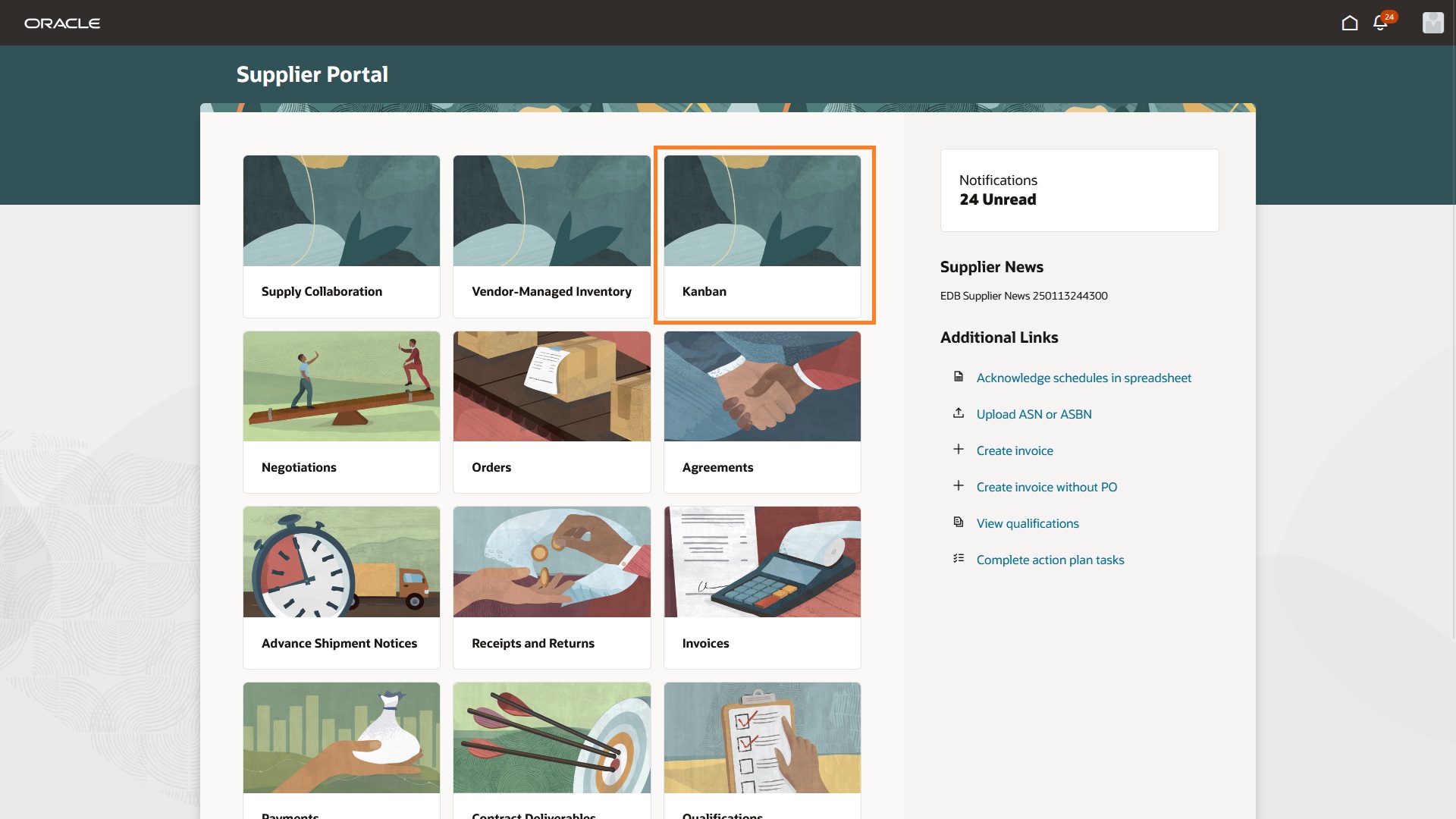 Home page of supplier portal with kanban icon