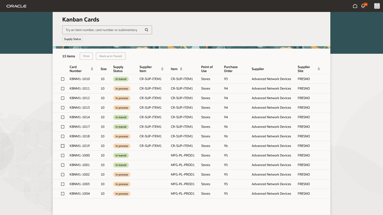 Kanban cards dispalyed in supplier portal