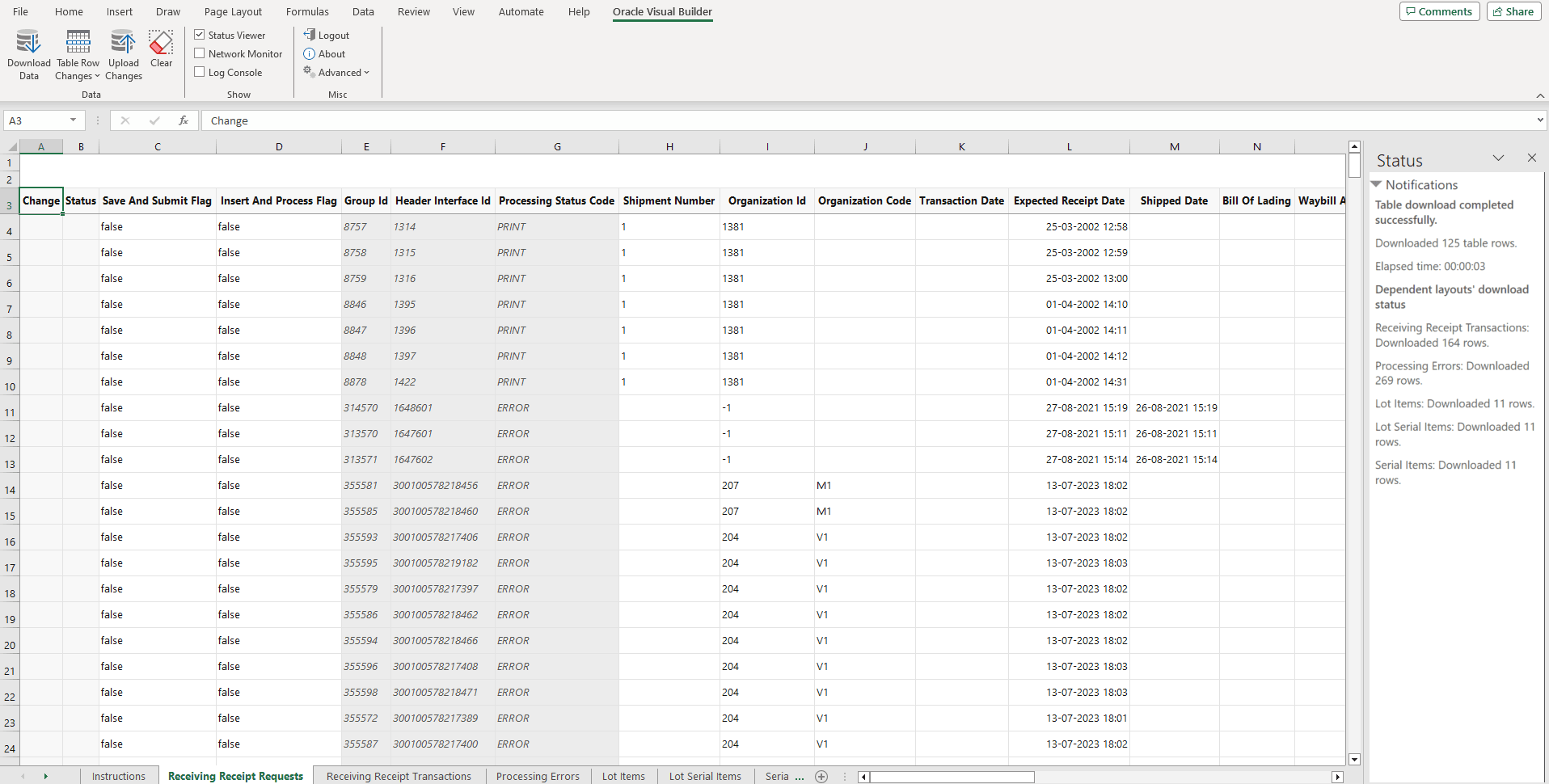 Receiving Receipt Interface Records in Spreadsheet