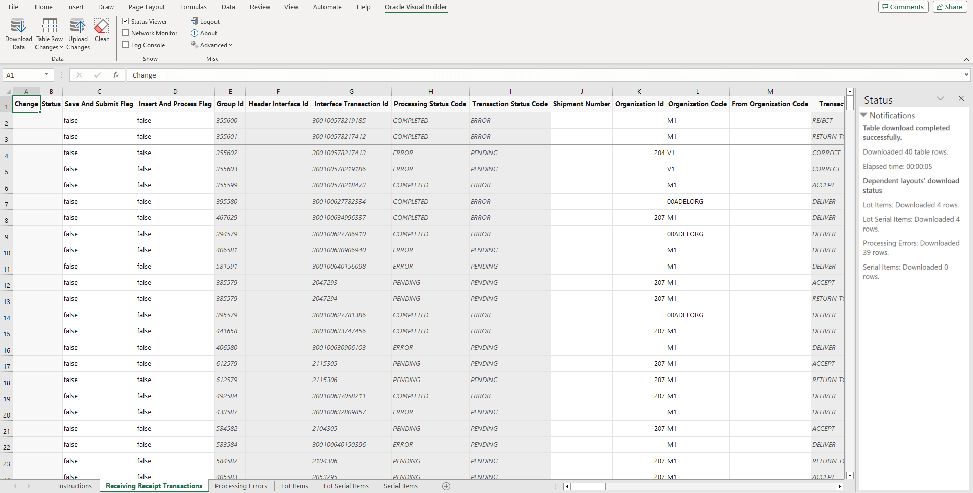 Receiving Transaction Interface Records in Spreadsheet