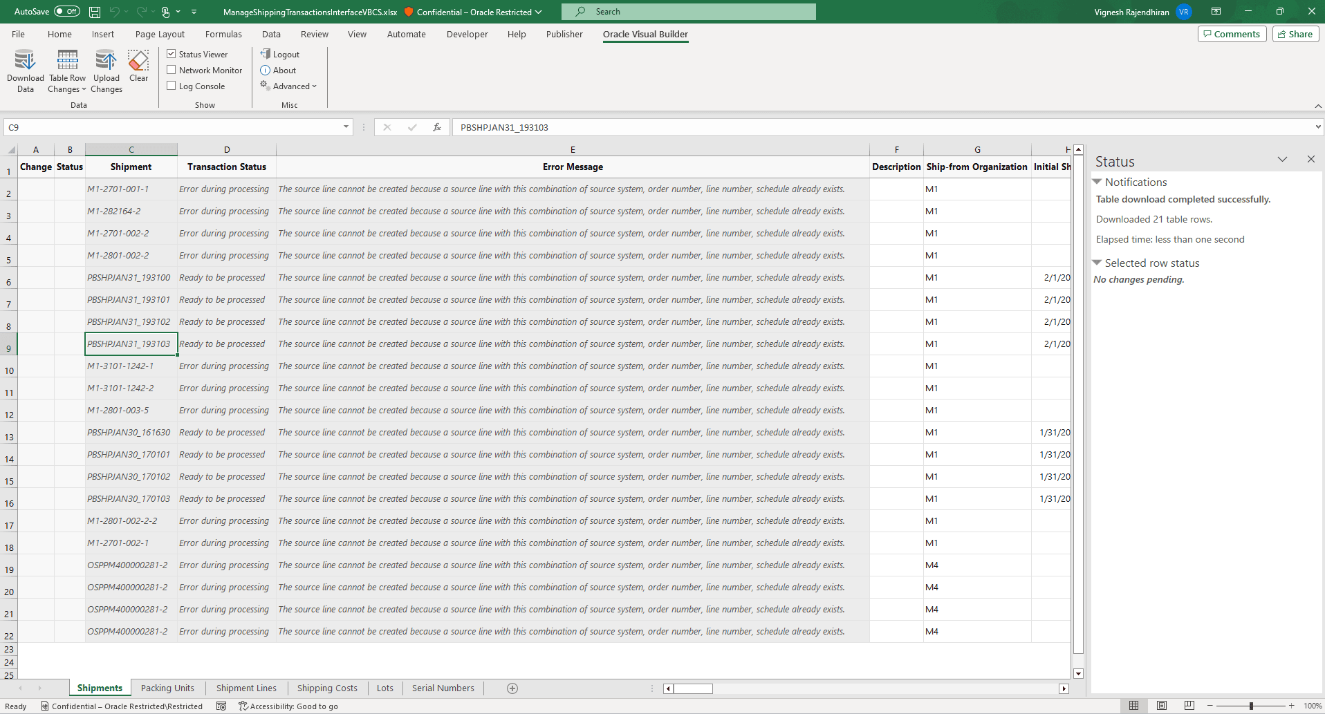 Shipping Transaction Correction Records in Spreadsheet