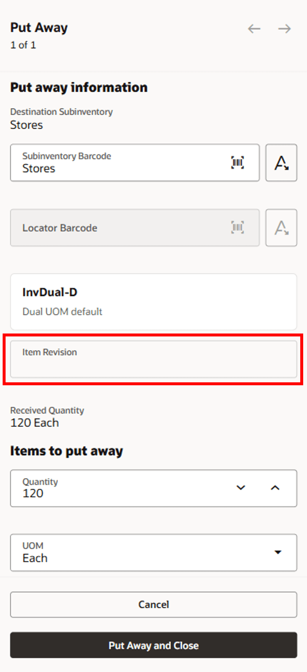 Enter Put Away Details - Additional Fields