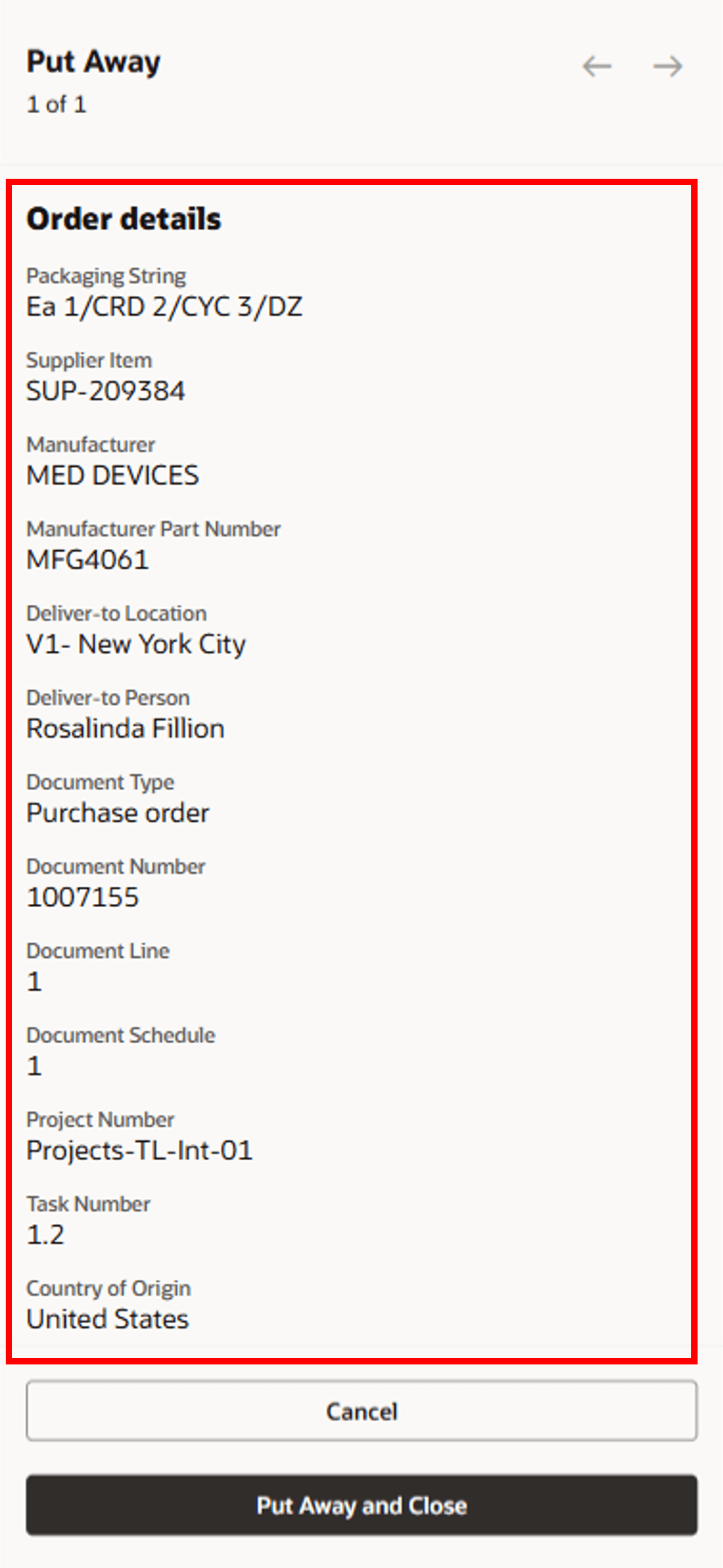 Enter Put Away Details - Additional Fields