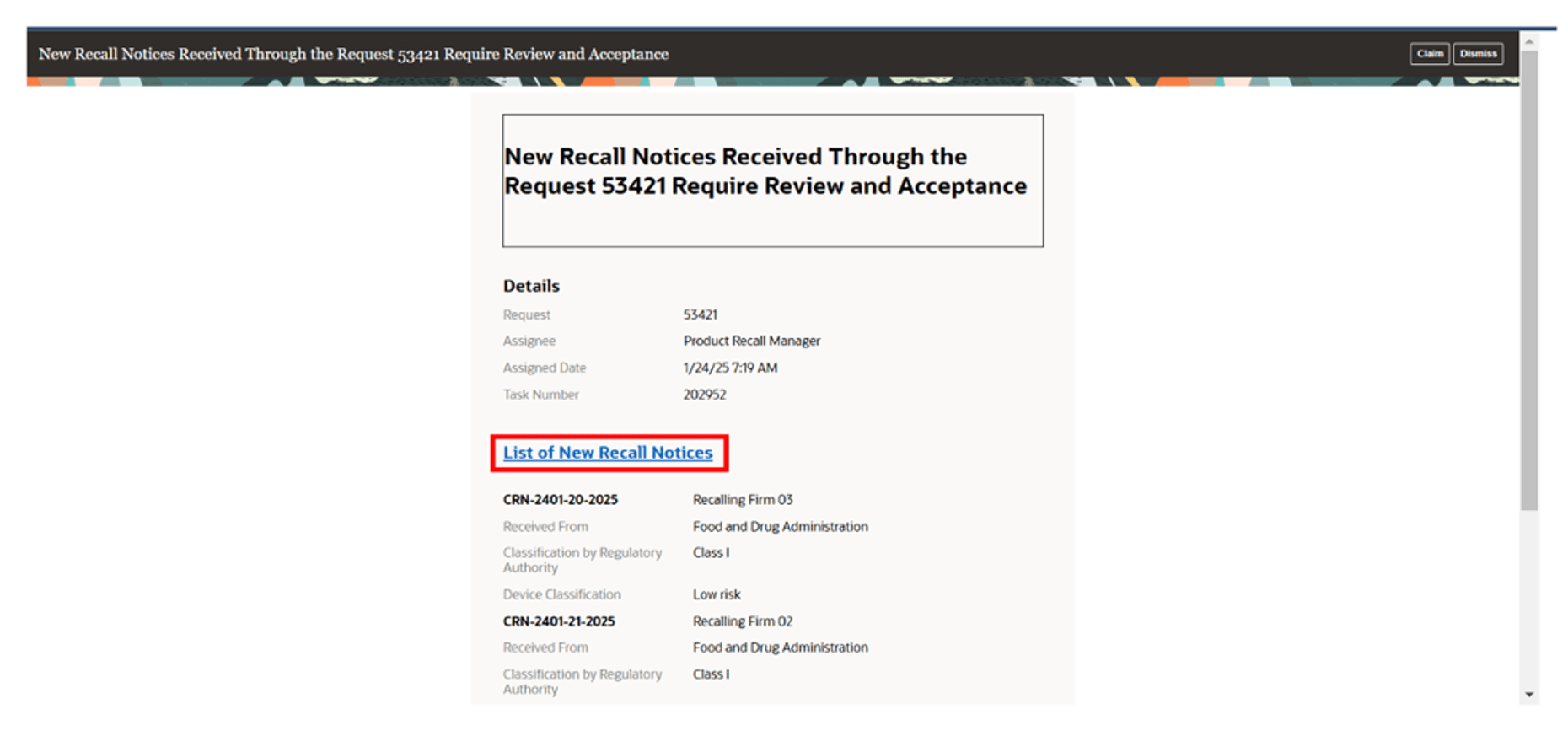 BPM Notification for a New Recall Notice