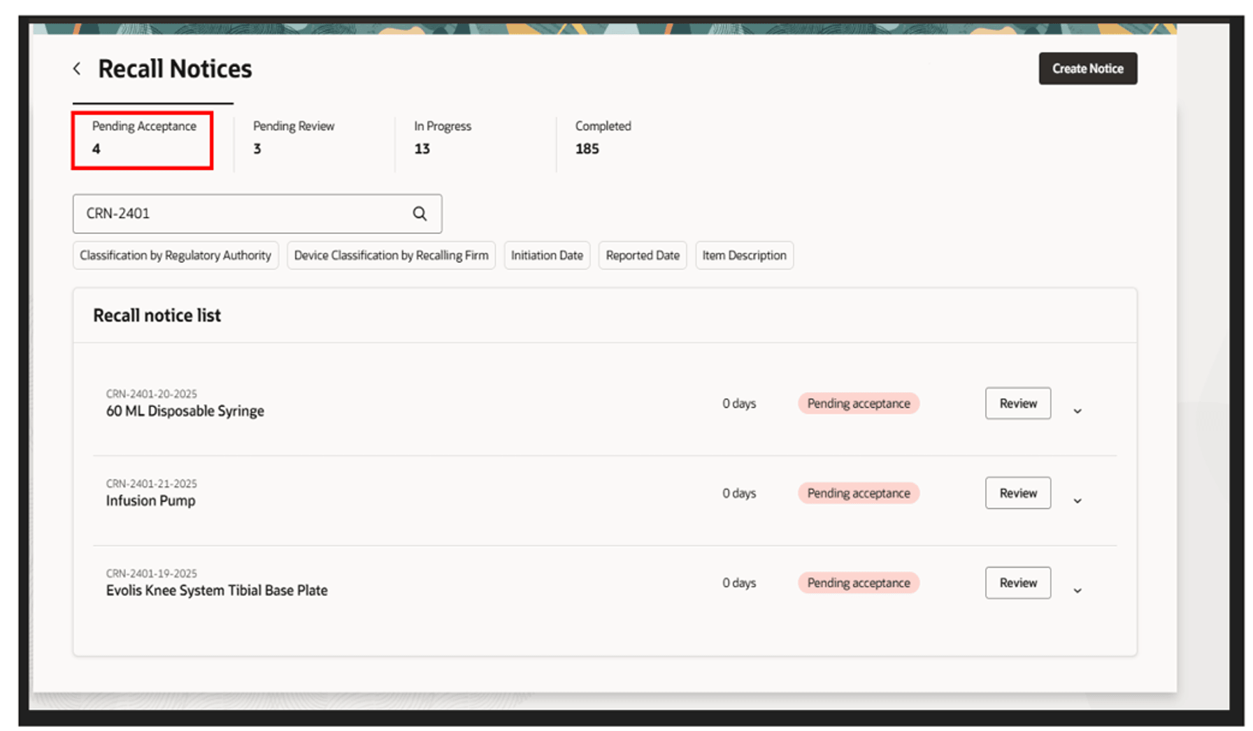 Recall Notices Landing Page