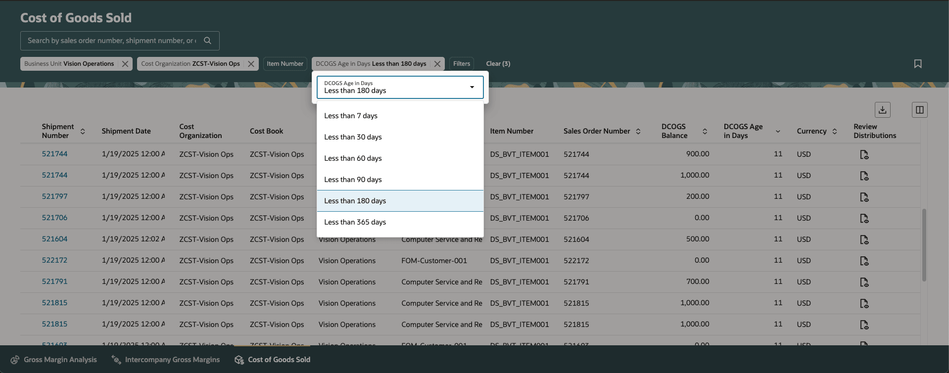 Identify sales order shipments with deferred COGS balances easily