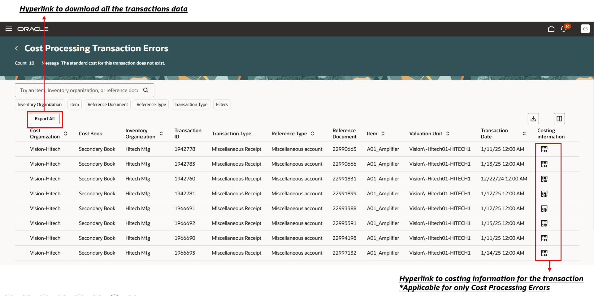 Transaction Details for the particular error