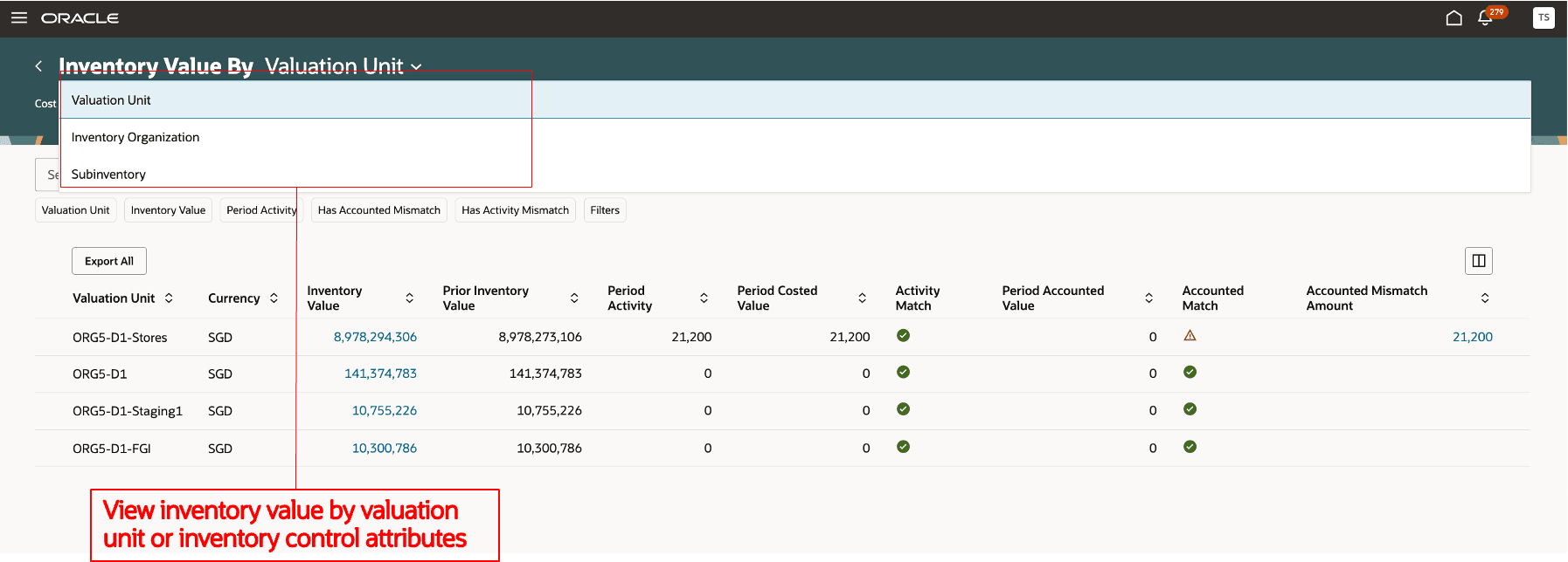 View breakdown of Inventory Value or costed and accounted value.