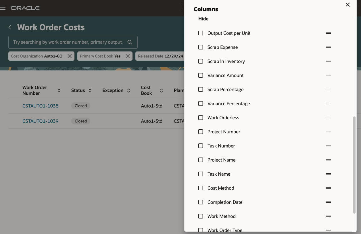 Additional columns in the work order costs page