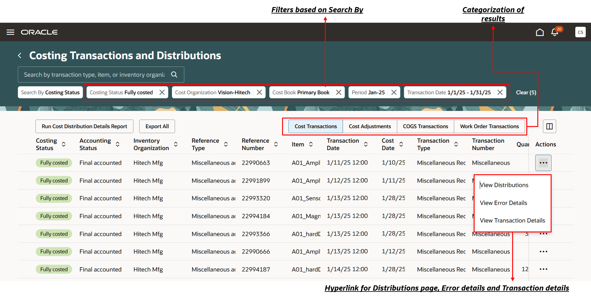Costing Transactions and Distributions page