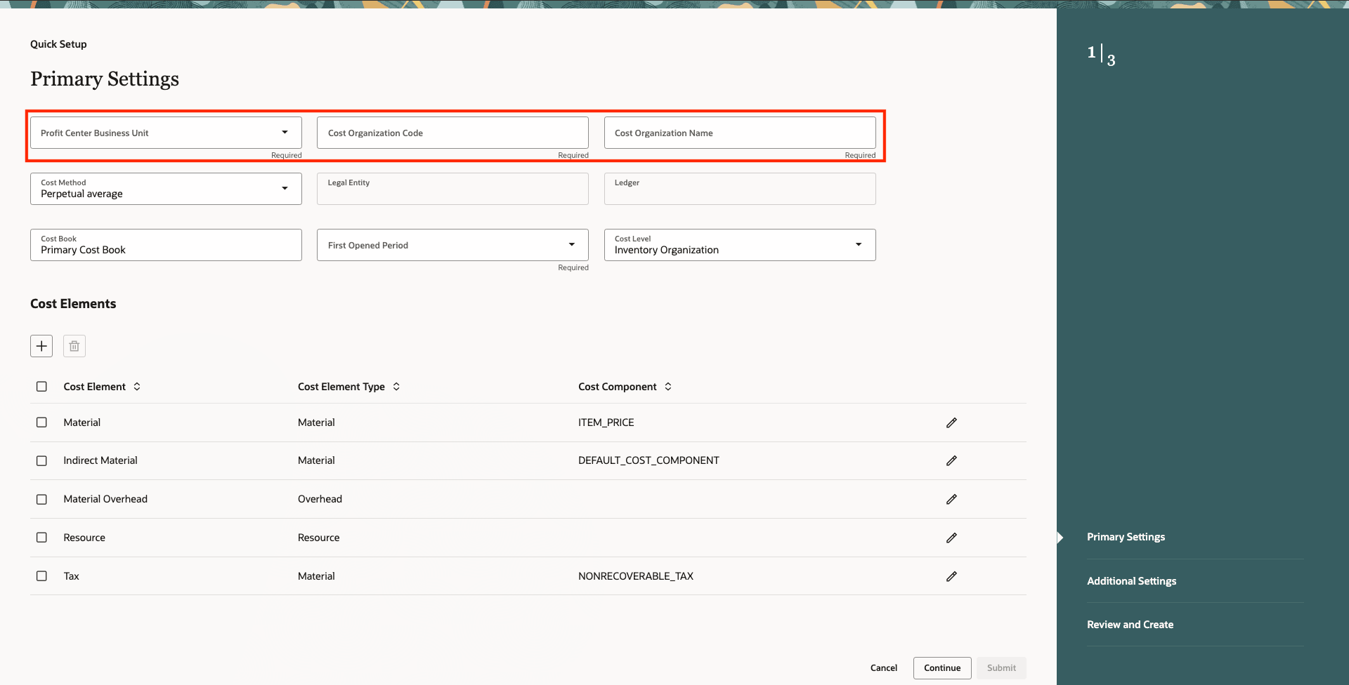 Quick Setup Primary Settings