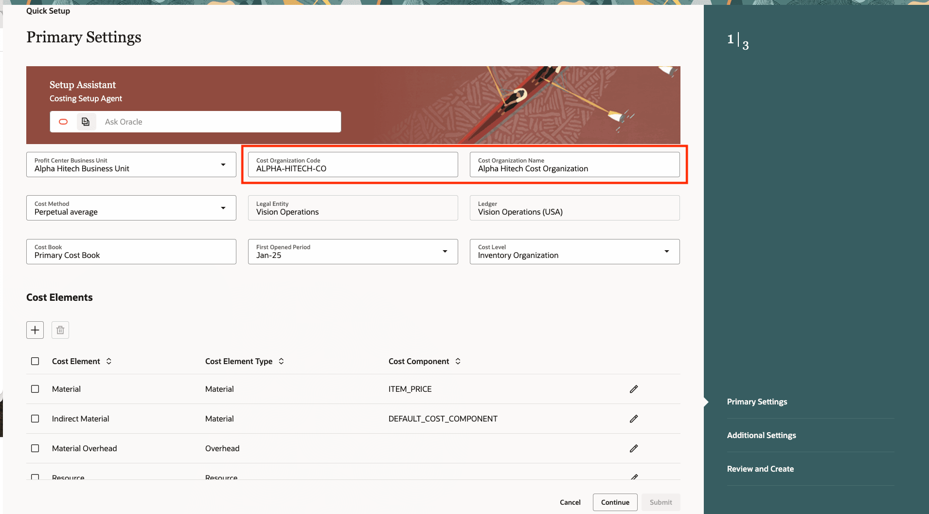 Specify cost organization name and code