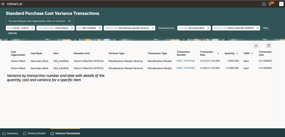 Figure 3: Standard Purchase Cost Variance Transactions
