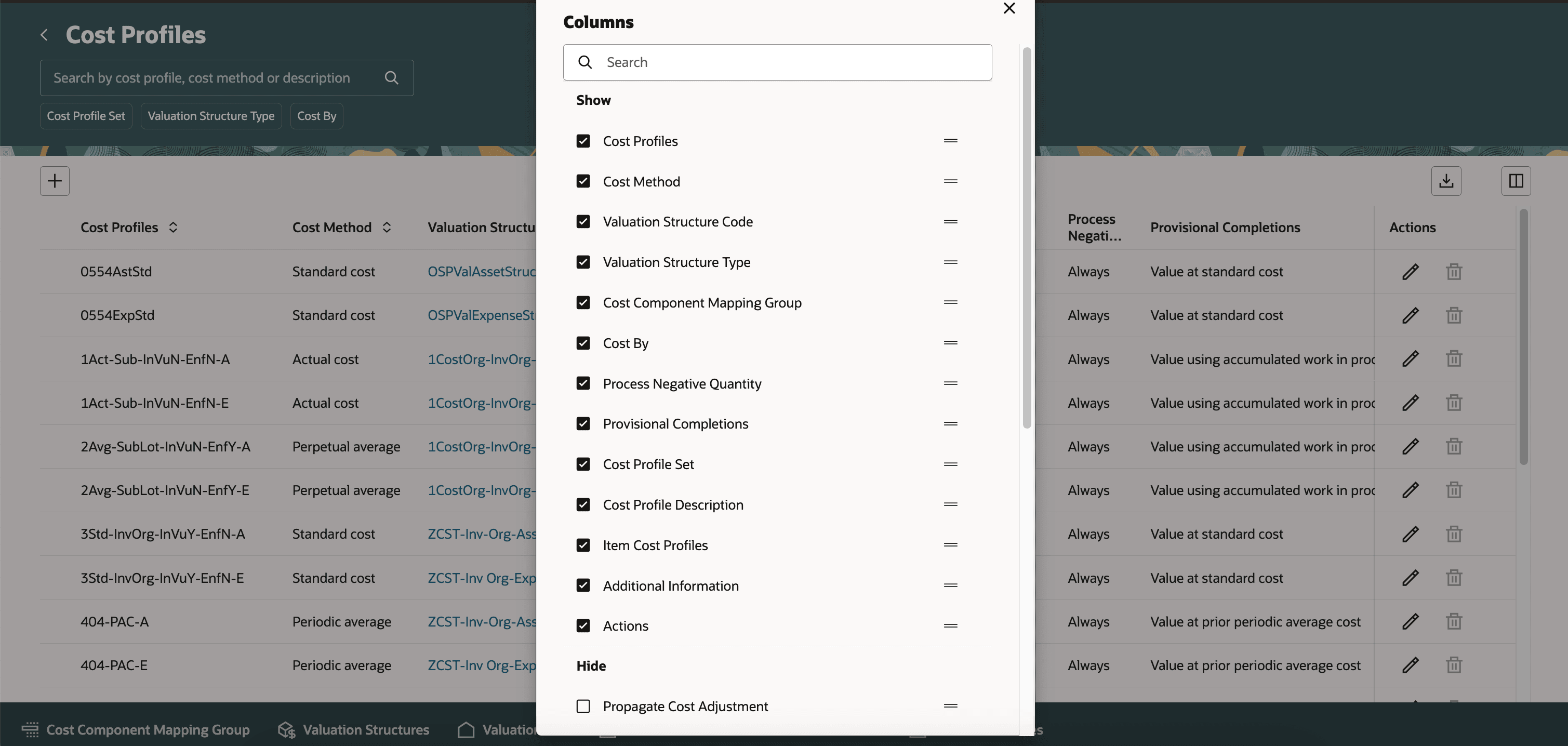 Figure 2: Rearrange and Hide Cost Profile Columns