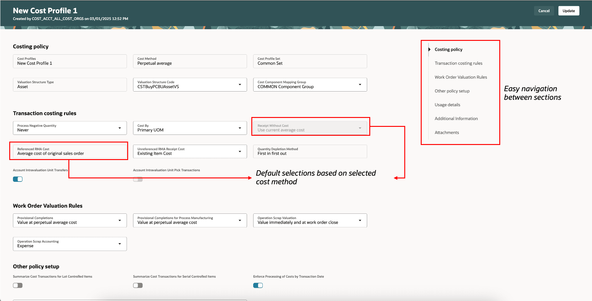 Figure 4: New Cost Profile Additional Details