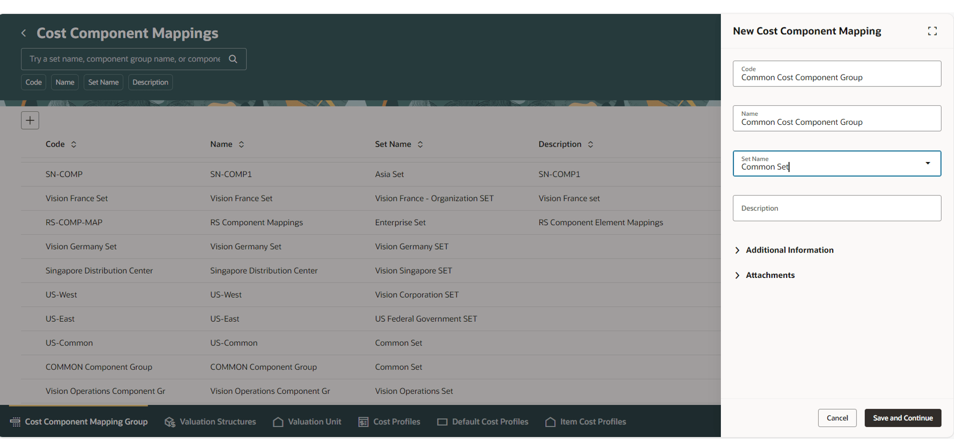 Create Cost Component Mappings page