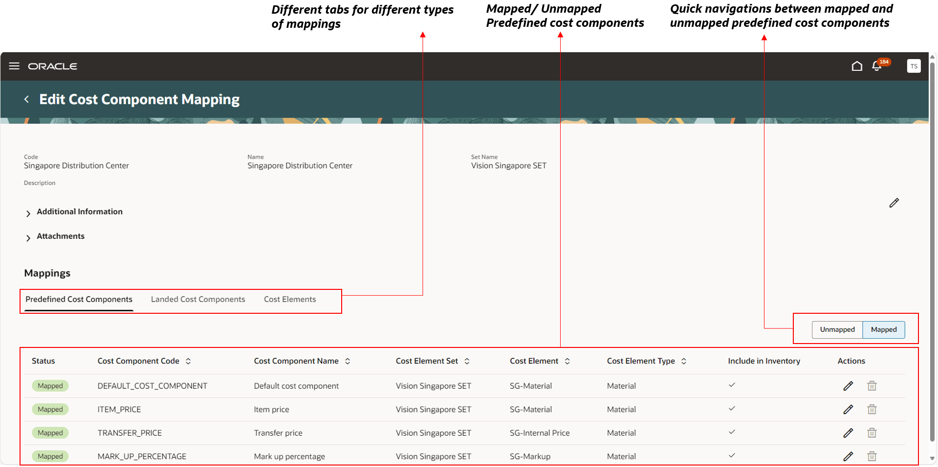 Cost Component Mappings page - Predefined Cost Component Mappings