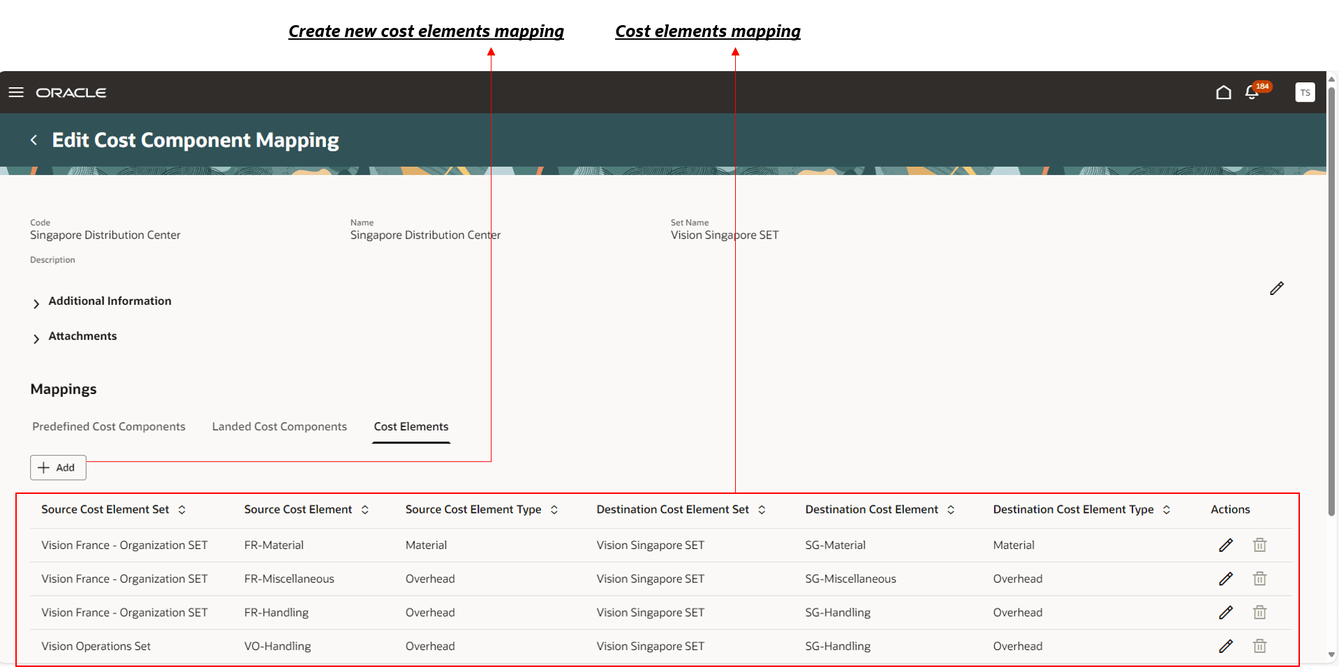 Cost Component Mappings page - Source cost elements to destination cost elements mappings