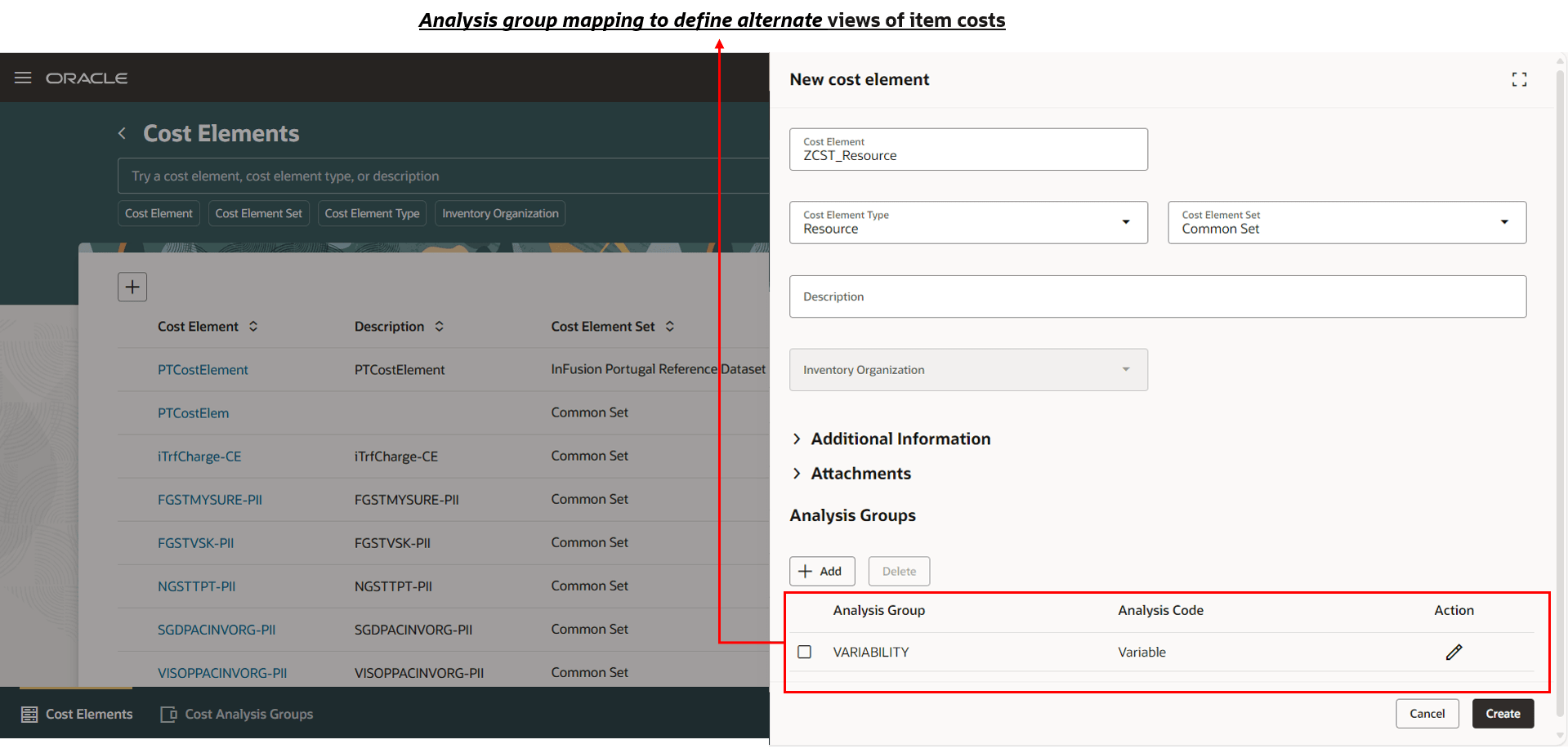 Create Cost Element page
