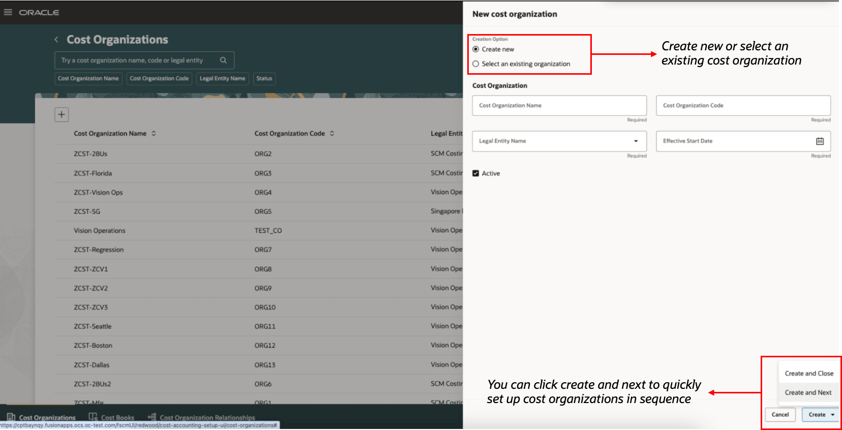Figure 2: Create New Cost Organization