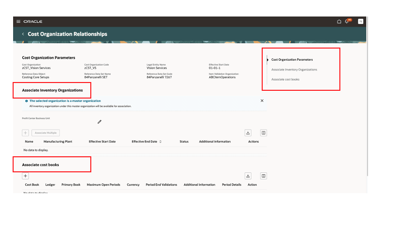 Figure 3: View parameters of a specific cost organization