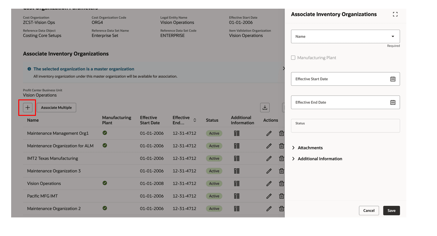 Figure 5: Associate an inventory organization to a cost organization