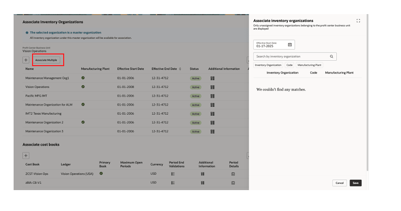 Figure 6: Associate many inventory organizations to a cost organization
