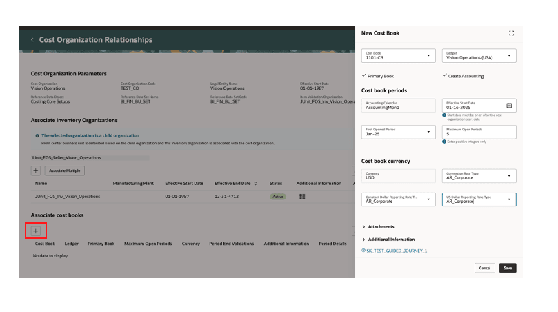 Figure 7: Associate a cost book to a cost organization