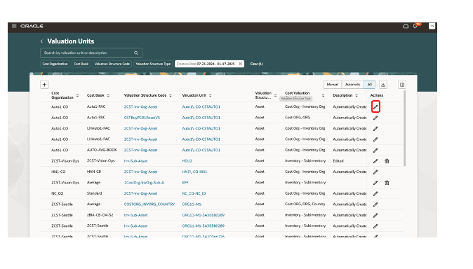 Figure 3 - Edit or delete a valuation unit using actions button