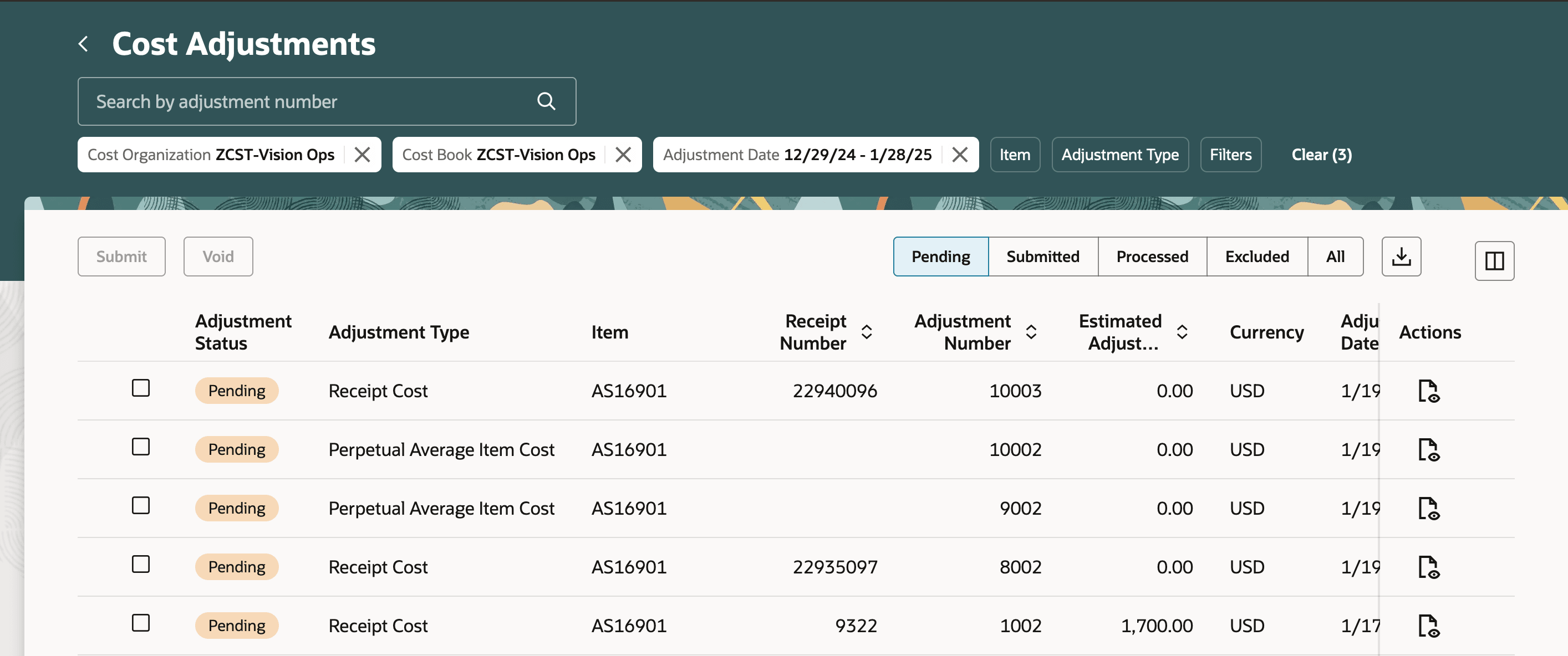 Cost Adjustments tab with pending adjustments
