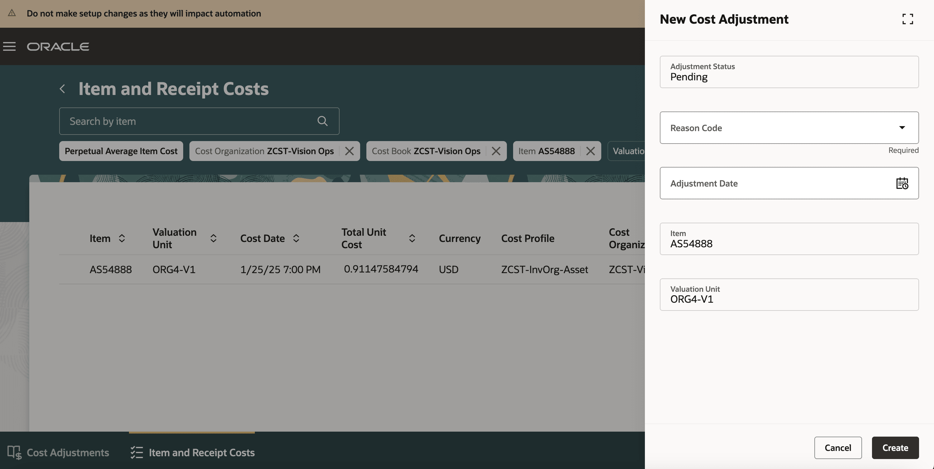 Panel drawer to create a new cost adjustment