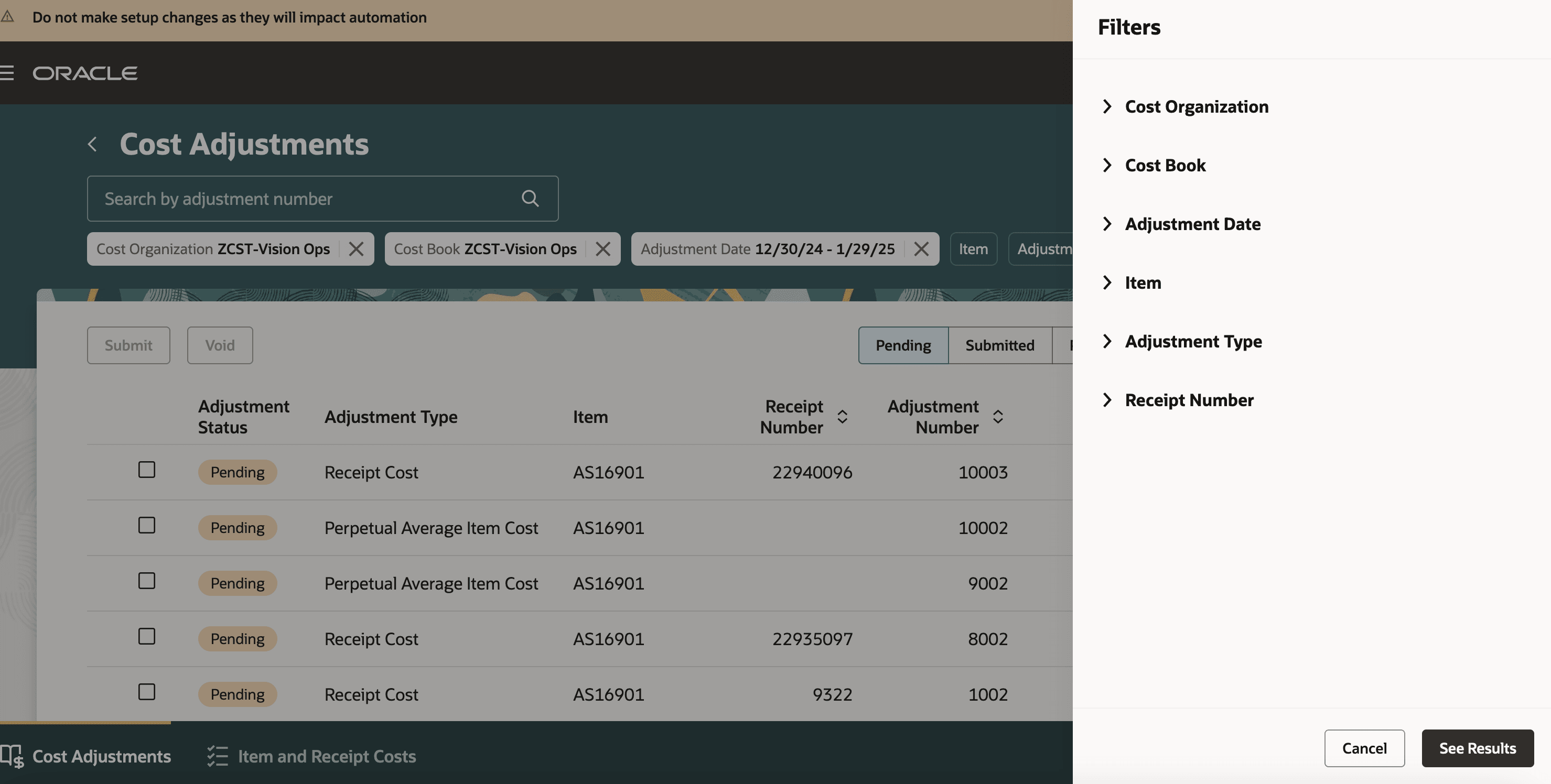 Filters for cost adjustments tab
