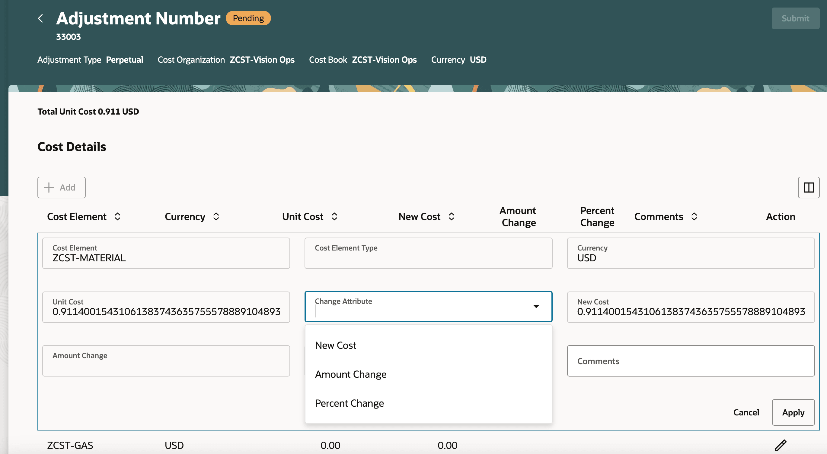 Edit cost adjustment detail by entering new cost, amount change or percent change