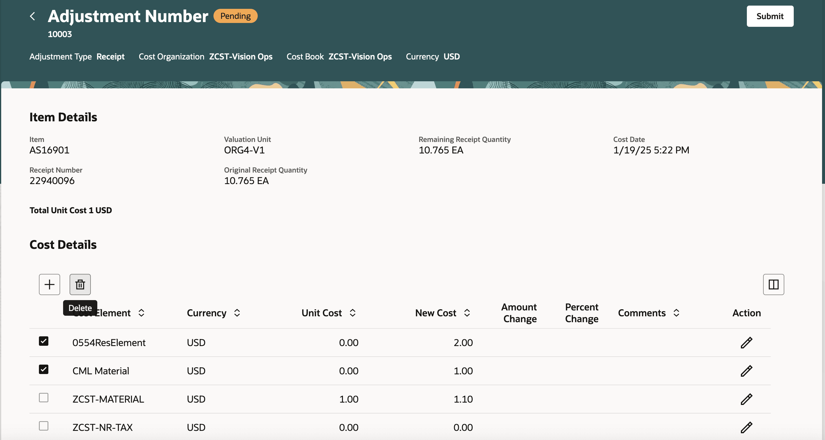 Delete cost adjustment detail