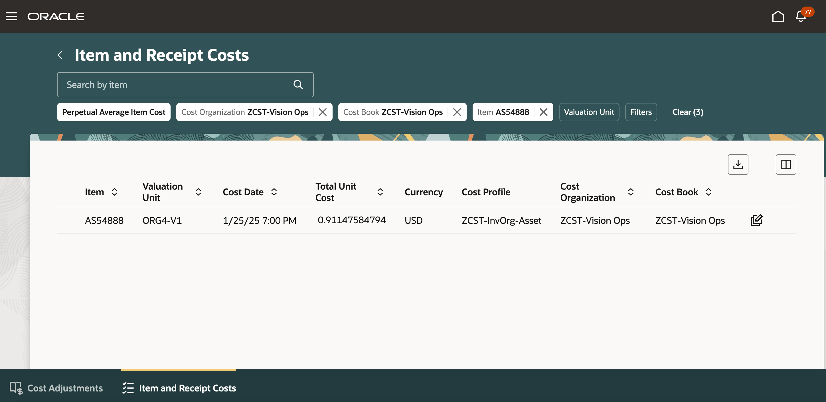 Item and Receipt Costs tab displaying the perpetual average cost eligible for adjustment