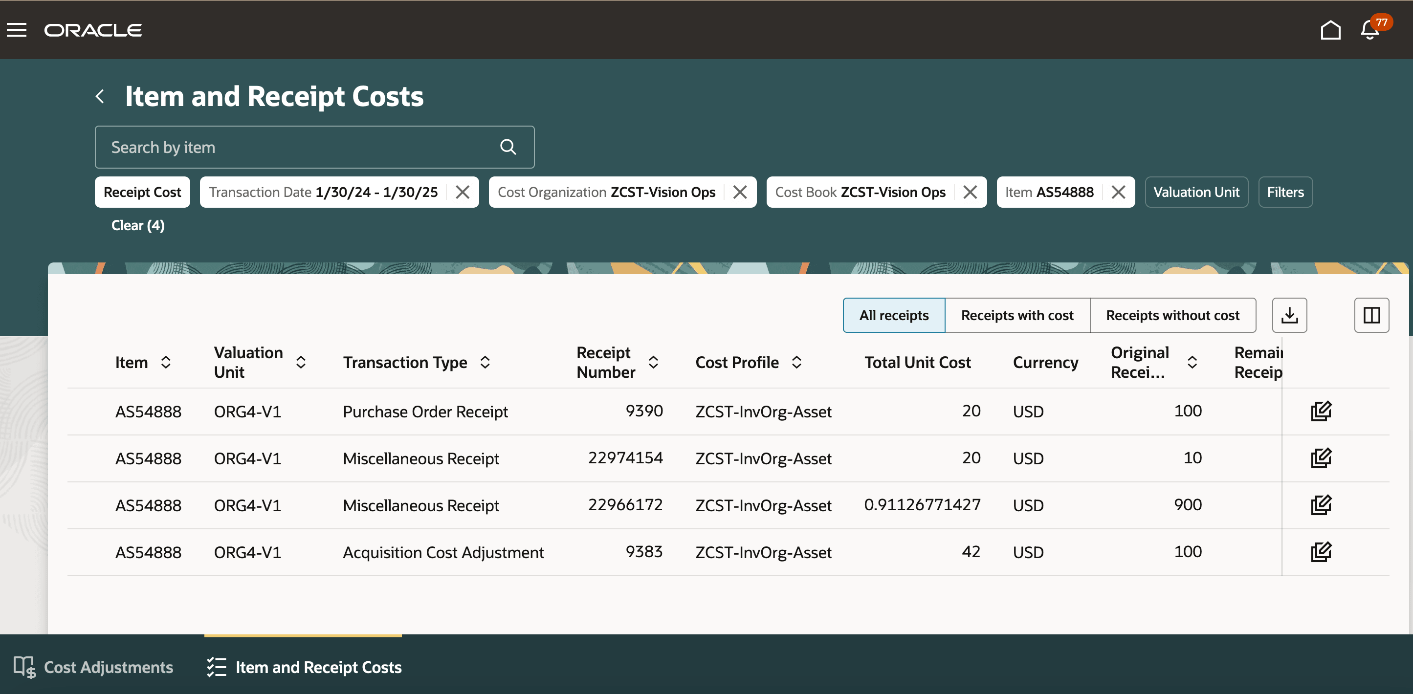Receipt costs data include receipts with and without costs by default and transaction date range search criteria