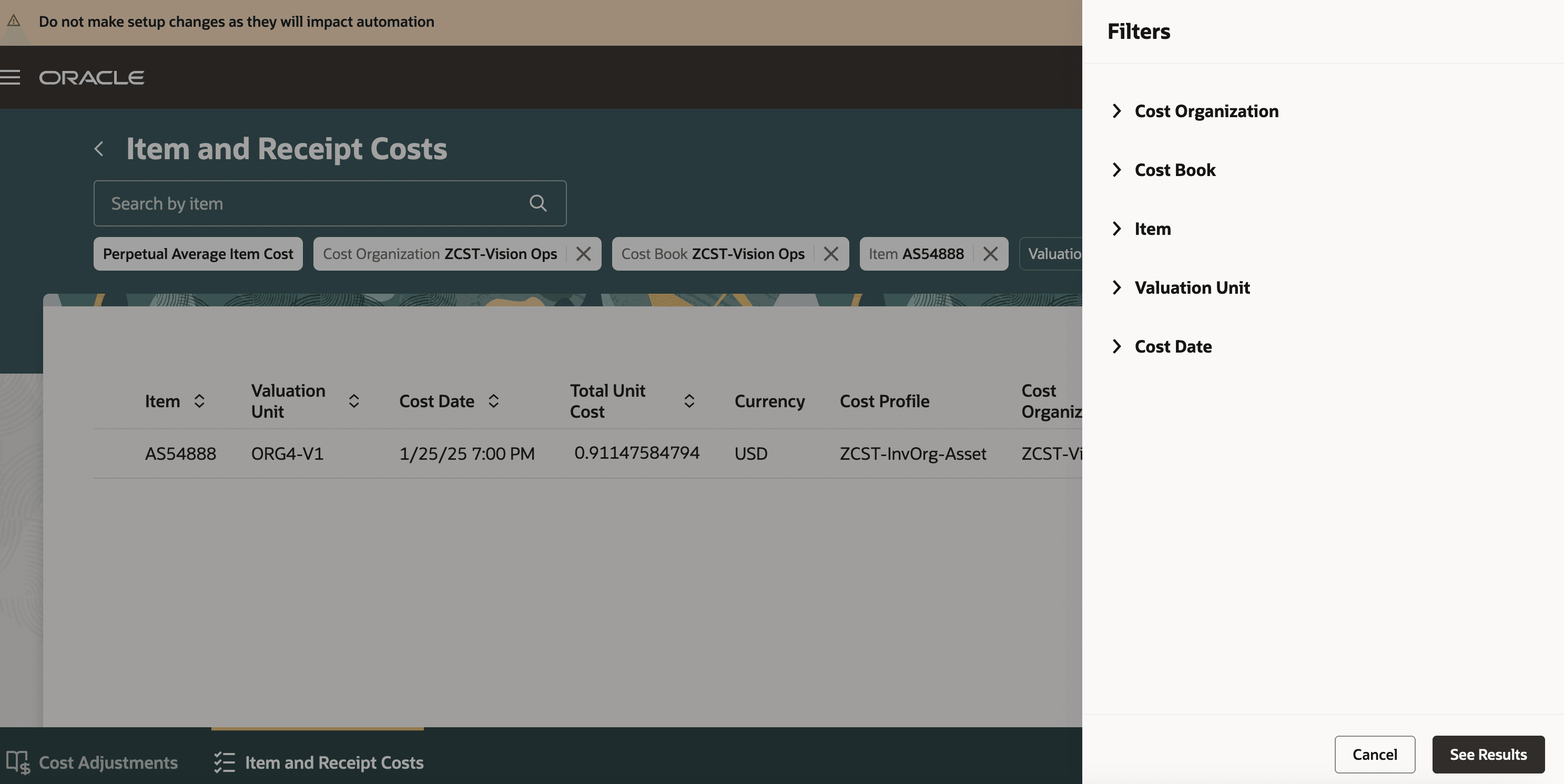 Filters for item and receipt costs tab