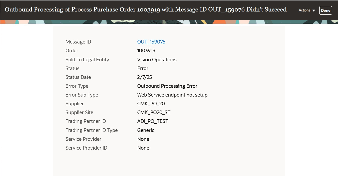 Redwood-Style Notification for a Purchase Order that has a status of Error