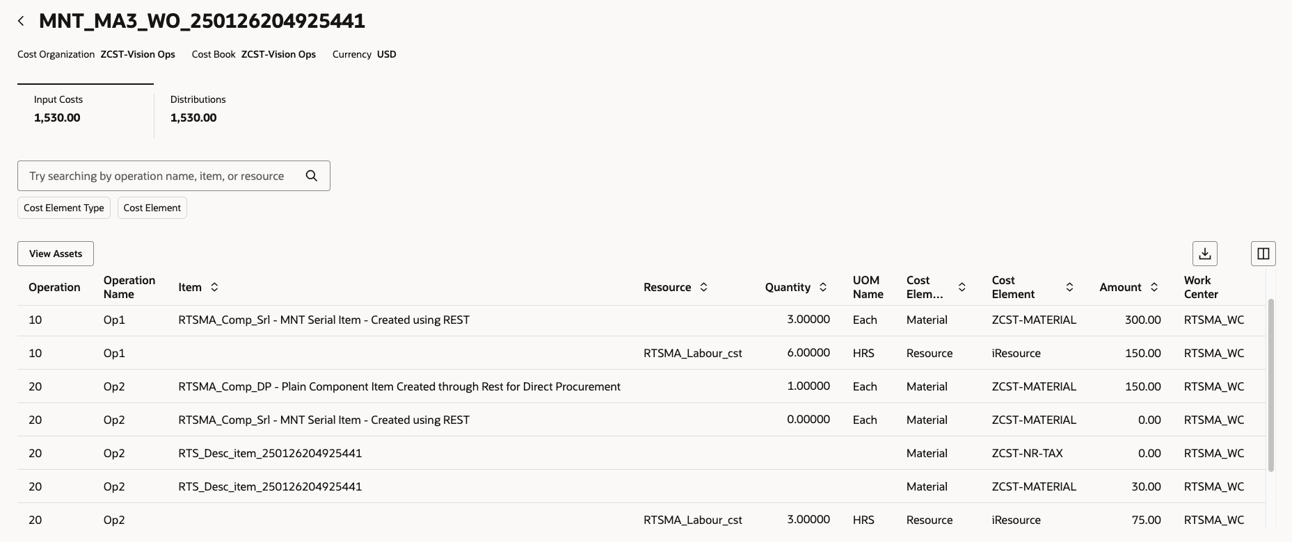 Maintenance work order cost details page