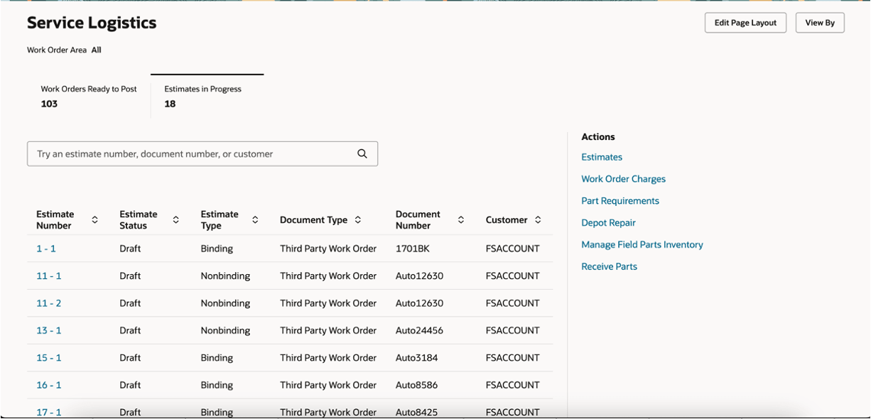 Service Logistics Landing Page - Estimates in Progress KPI
