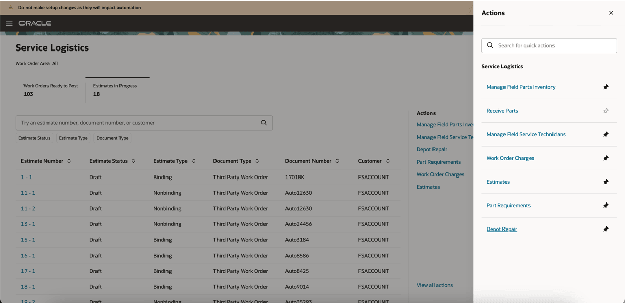 Service Logistics Landing Page - Actions